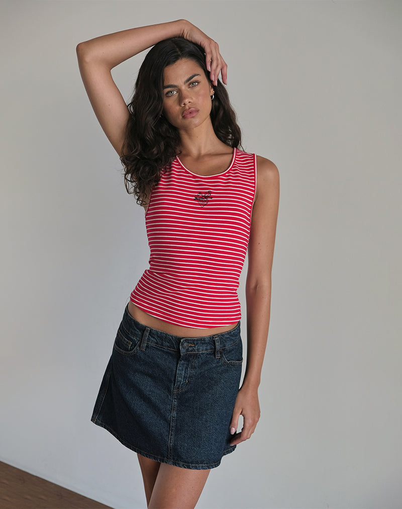 Image of Lorica Tank Top in Red and White Stripe with Strawberry Emb