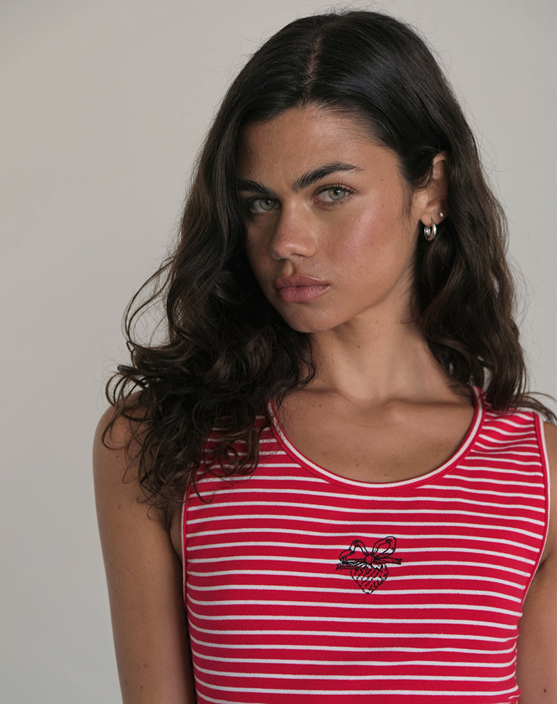 Lorica Tank Top in Red and White Stripe with Strawberry Emb