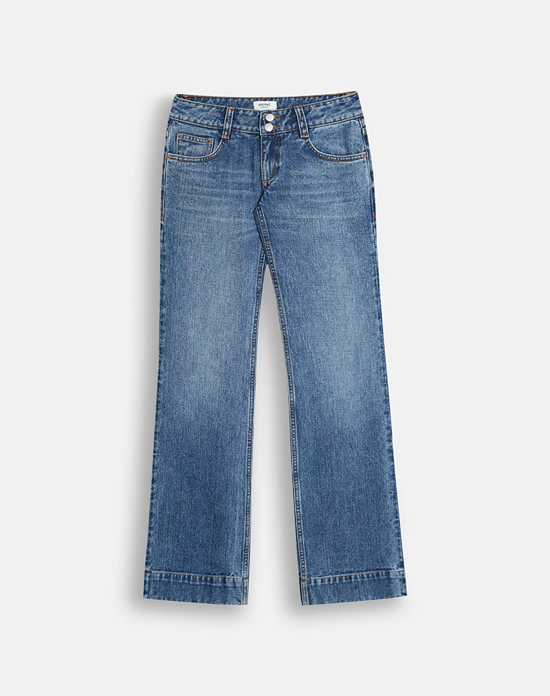 Photo d'un jean bootcut taille basse, couleur bleu océan