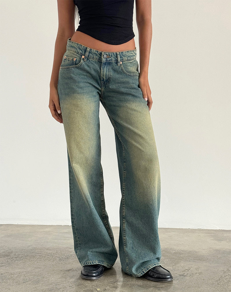 Vintage Blue Green Extra Wide Low Rise Jeans | Roomy – motelrocks-com-eur
