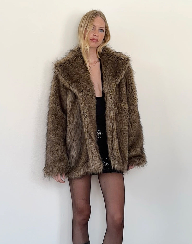 Image of Lupita Jacket in Faux Long Fur Brown