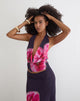 Image of Bujau Plunge Cowl Neck Top in Purple Chiffon with Desert Flower