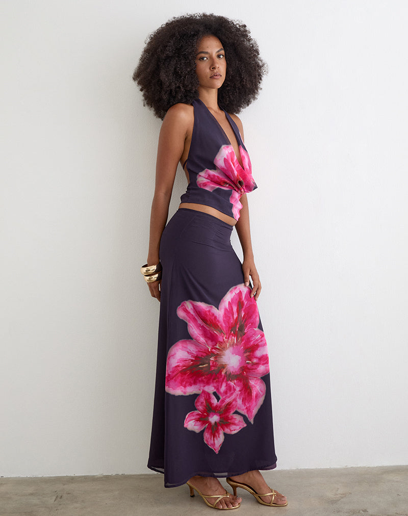Lurina Maxi Skirt in Purple Chiffon with Desert Flower