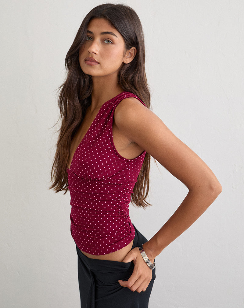 Image of Lycia Plunge Top in Wine with Pink Micro Polka Print