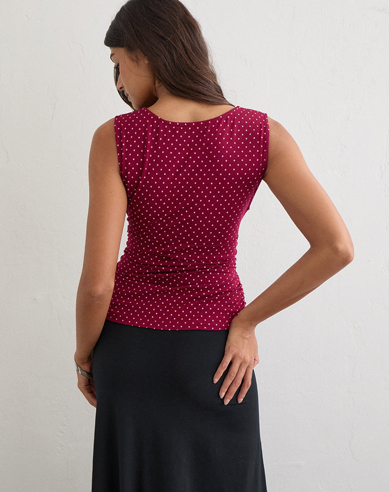 Image of Lycia Plunge Top in Wine with Pink Micro Polka Print