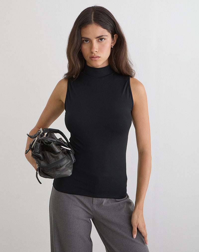 Lysan High Neck Vest Top in Jersey Black