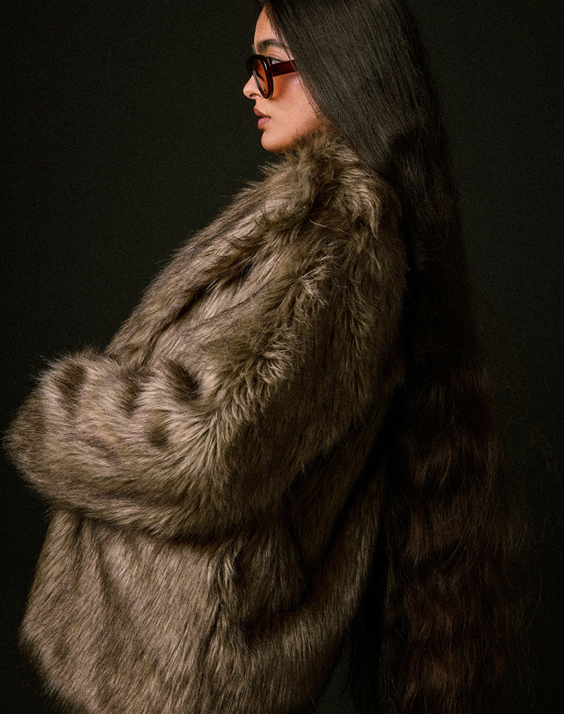 Lupita Jacket in Faux Long Fur Brown