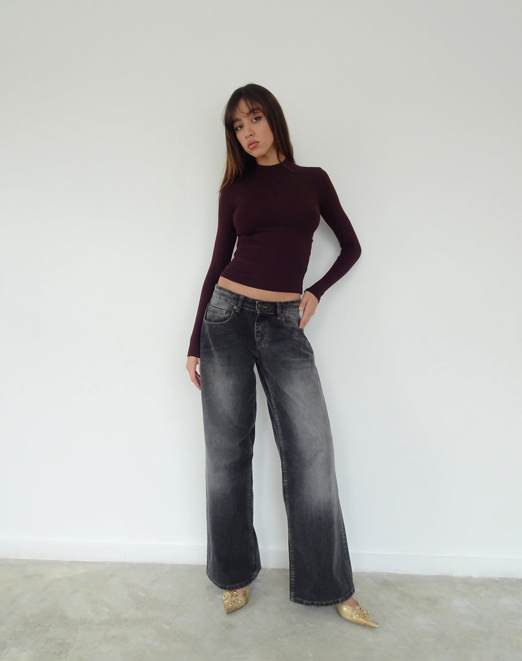 Mabel High-Neck Long Sleeve Ribbed Top in Oxblood