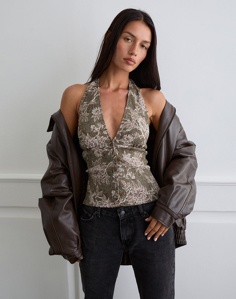 Mabli Halterneck Top in Textured Woven Floral Green