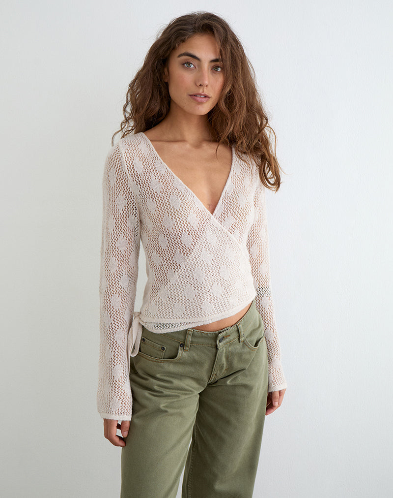 Image of Maeko Crochet Wrap Top in Knit Ecru