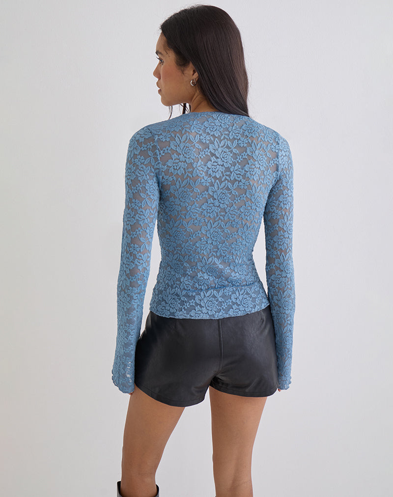 Image of Mahota Deep Plunge Long Sleeve Top in Dark Blue Lace