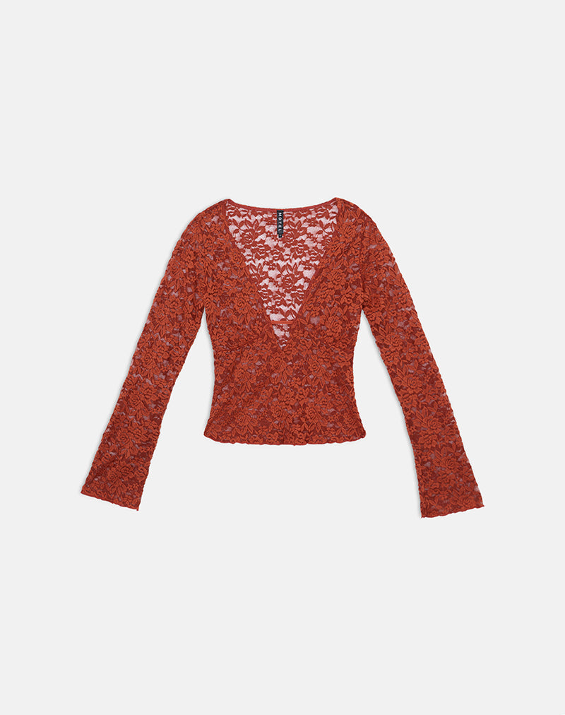 Image of Mahota Deep Plunge Long Sleeve Top in Lace Mesh Brick