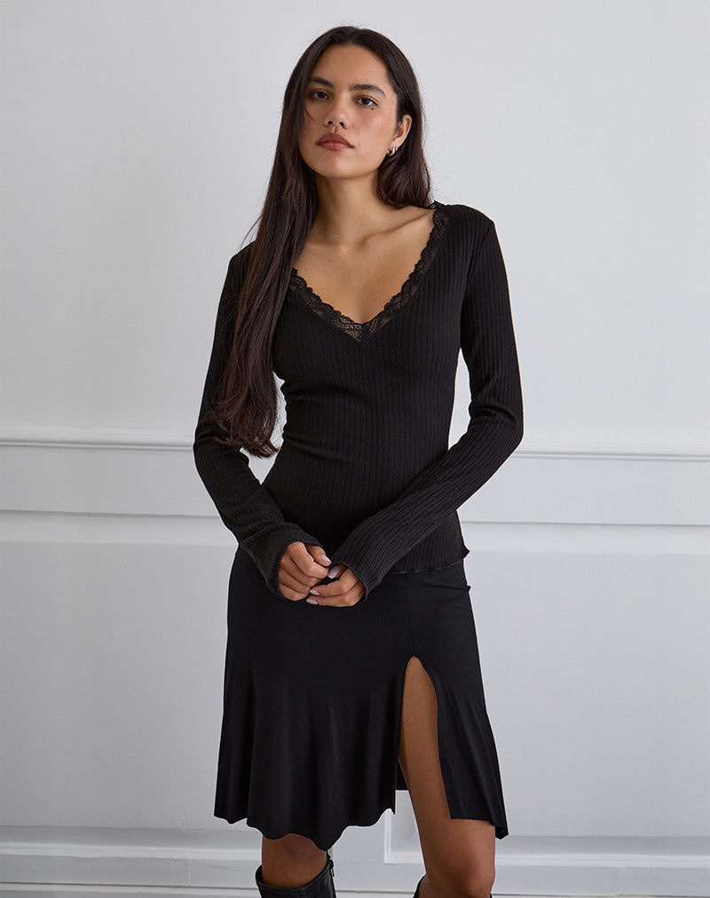 Image of Maivi Long Sleeve Top in Black with Lace Trim