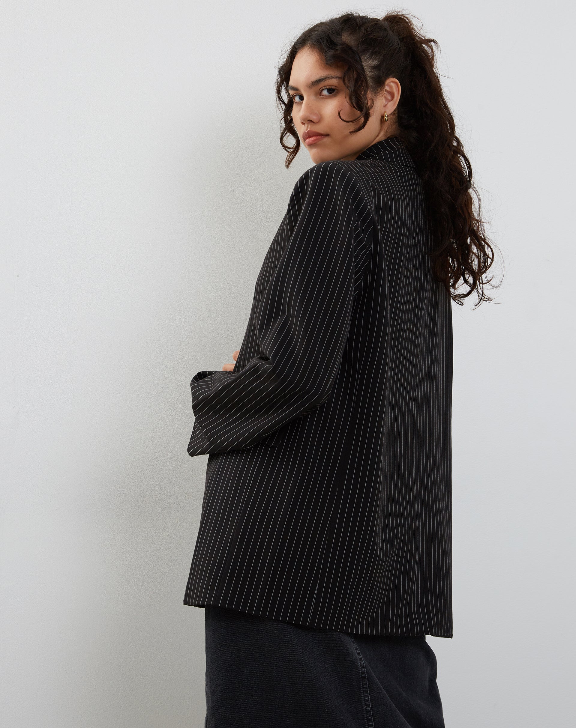 image of Maiwa Blazer in Pinstripe Black