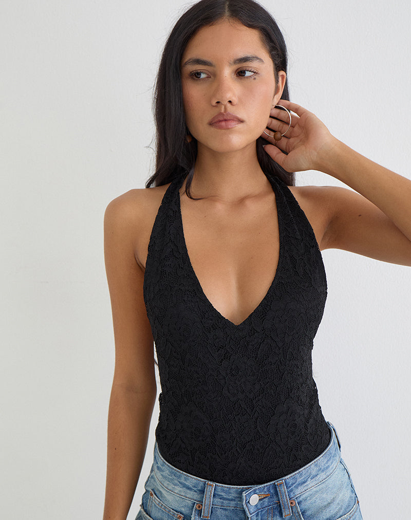 Maizy Halterneck Bodysuit in Black Floral Lace