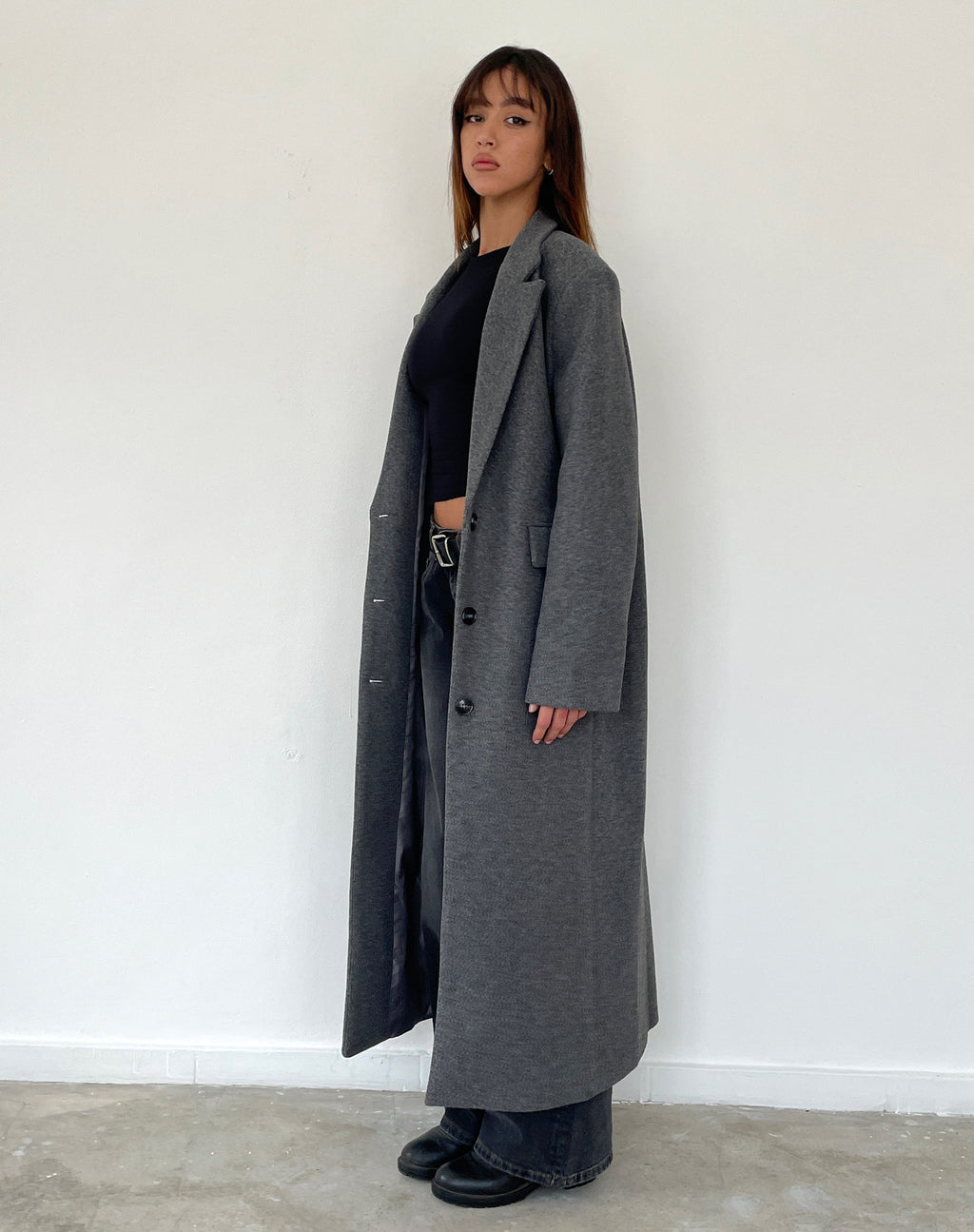 Malati Longline Wool Coat in Charcoal