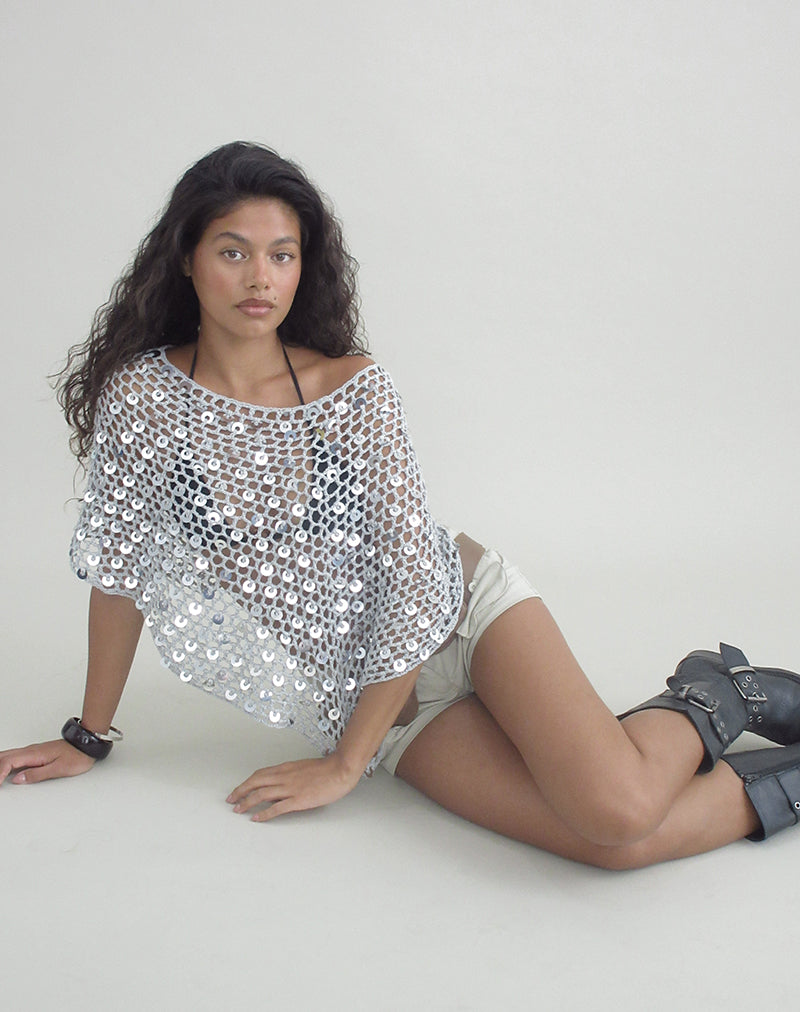 Image of Maliha Poncho in Crochet Knit Silver