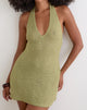 Photo de la mini-robe à col licou Malvara en maille à paillettes verte