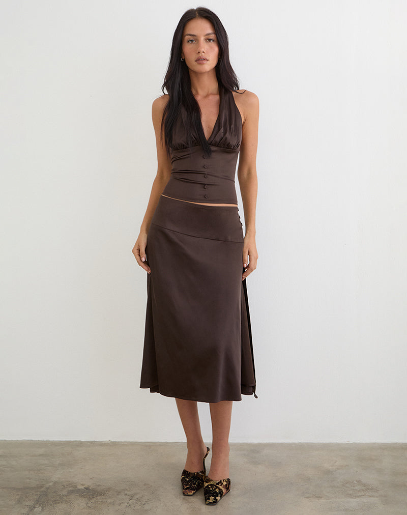 Manyala Dark Brown Satin Midi Skirt | Manyala – motelrocks-com-eur
