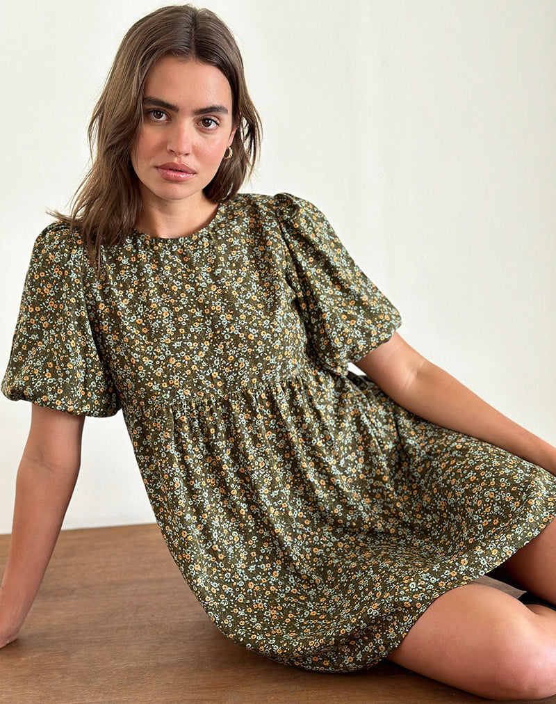 Marate Puff Sleeve Mini Dress in Grunge Floral Khaki