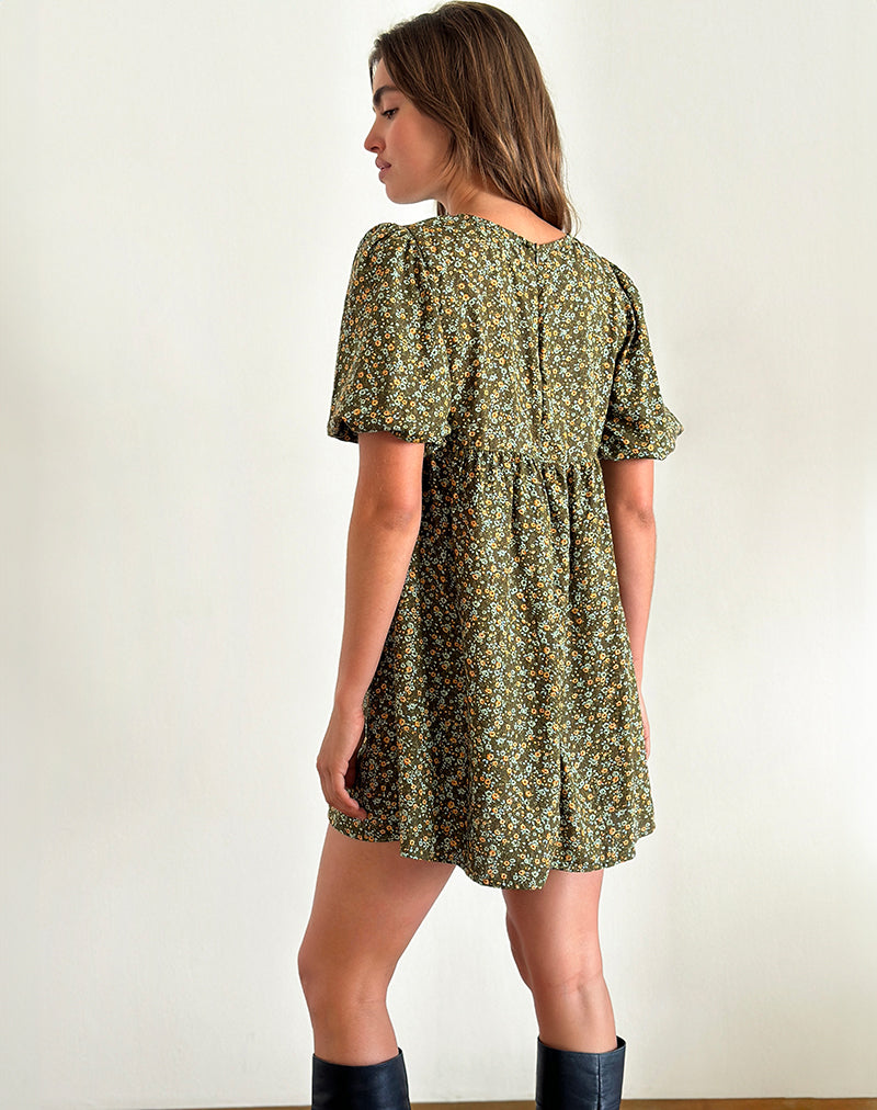 Image of Marate Puff Sleeve Mini Dress in Grunge Floral Khaki