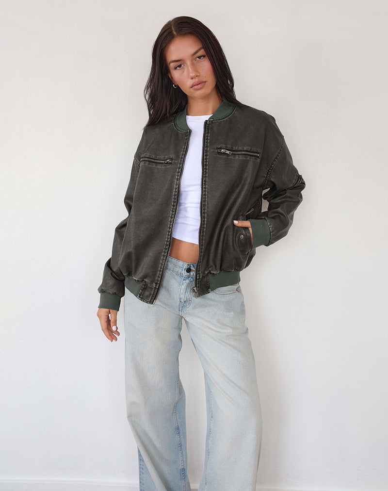 Marco Distressed Bomber Jacket in PU Black