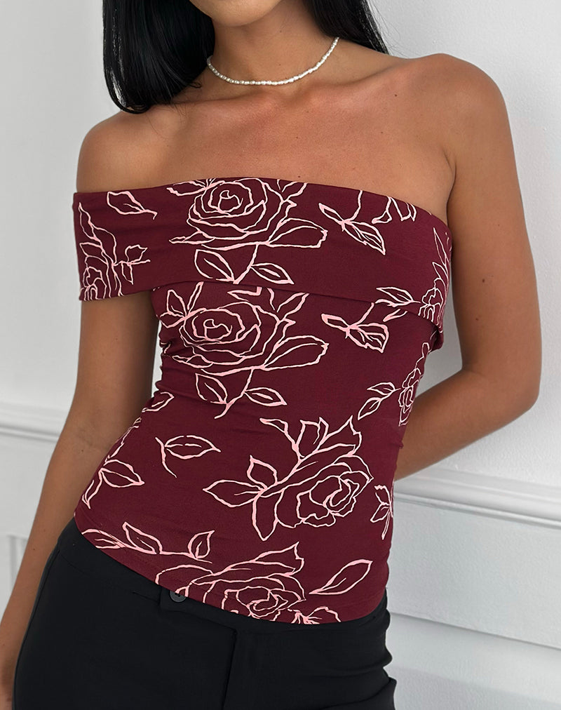 Marga One-Shoulder-Top in Outline Rose Maroon