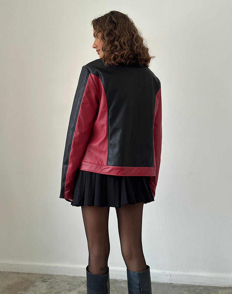 Image of Marion PU Biker Jacket in Red with Black Panels