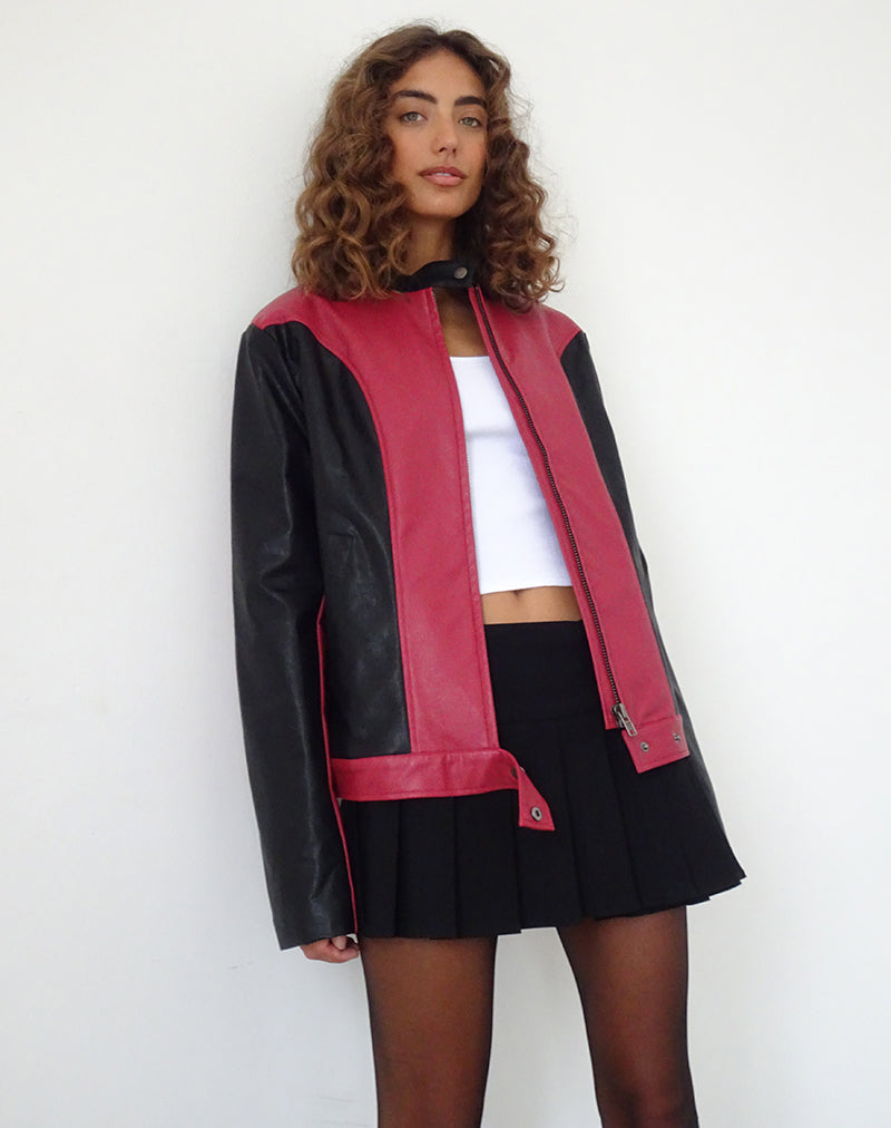 Marion PU Biker Jacket in Red with Black Panels