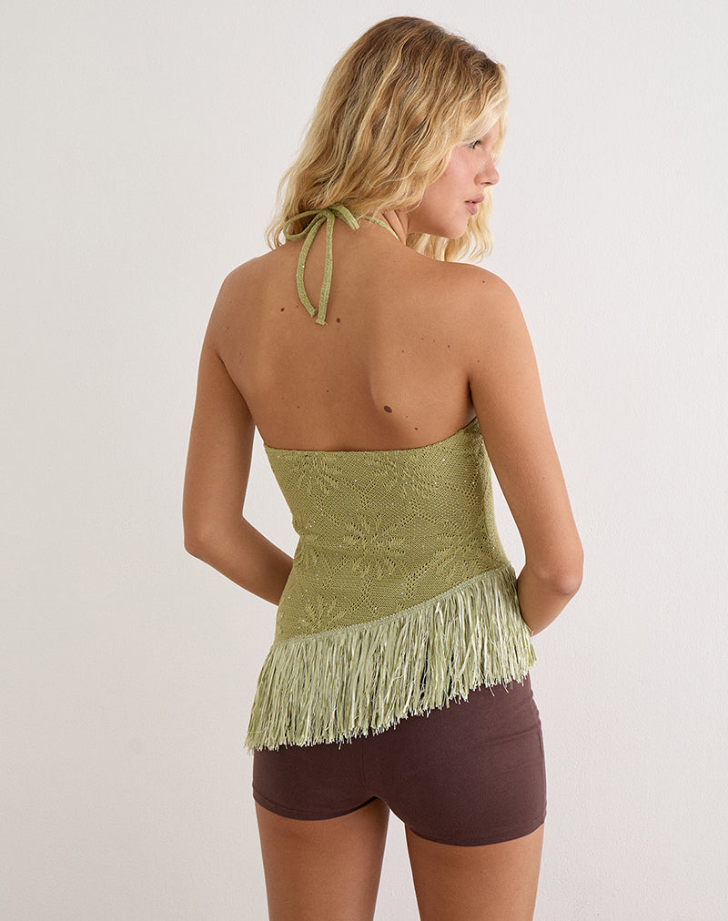 Green Knit Sequin Halterneck Top with Fringe Hem | Masina