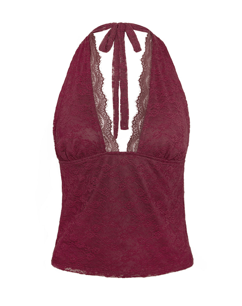 Image of Matua Halter Top in Clover Lace Maroon