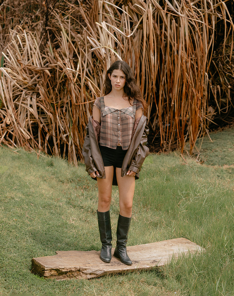 Image of Meraki Blouse Top in Brown and Pink Blurry Check