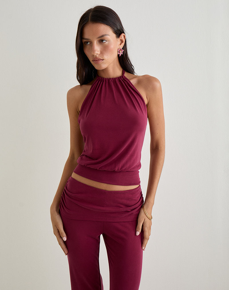 Miasa Backless Halterneck Top in Cupro Burgundy