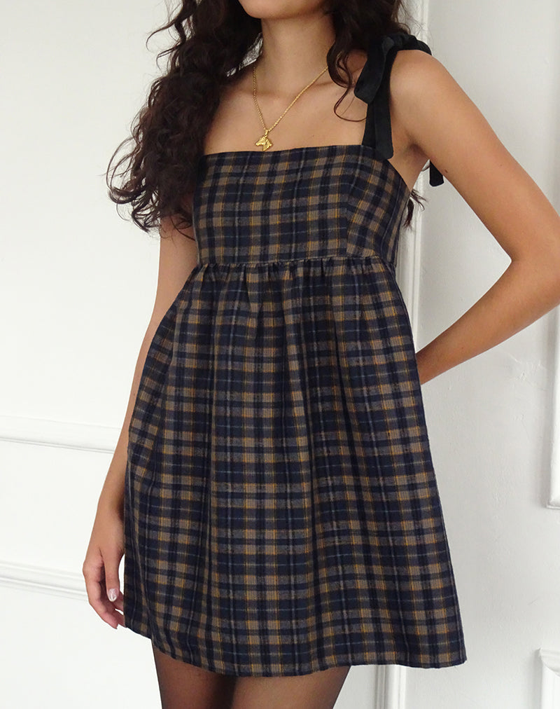 Image of Mikayla Square Neck Mini Dress in Navy and Mustard Check