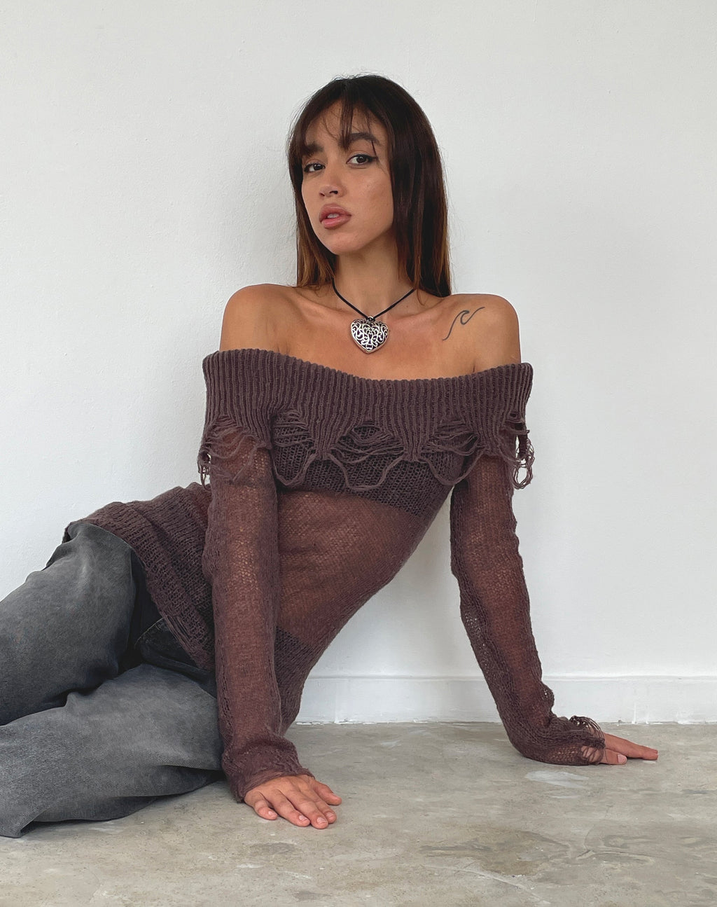 Milena Distress Knit Long Sleeve Bardot Top in Maroon