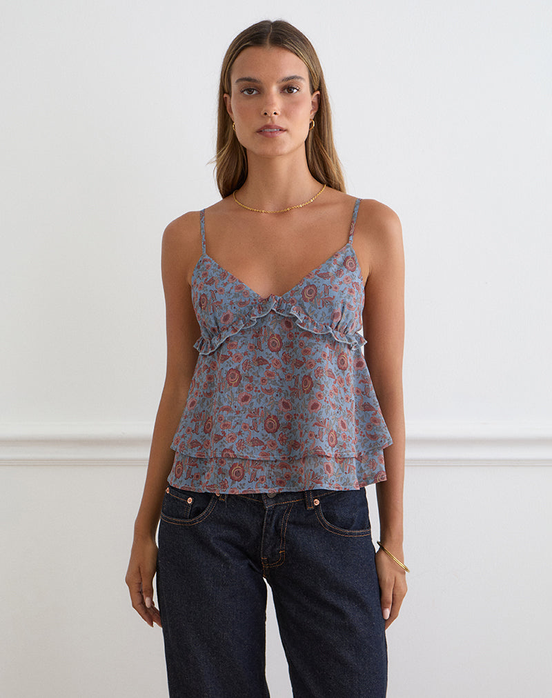 Image of Millar Frill Top in Shadow Blossom Blue Chiffon