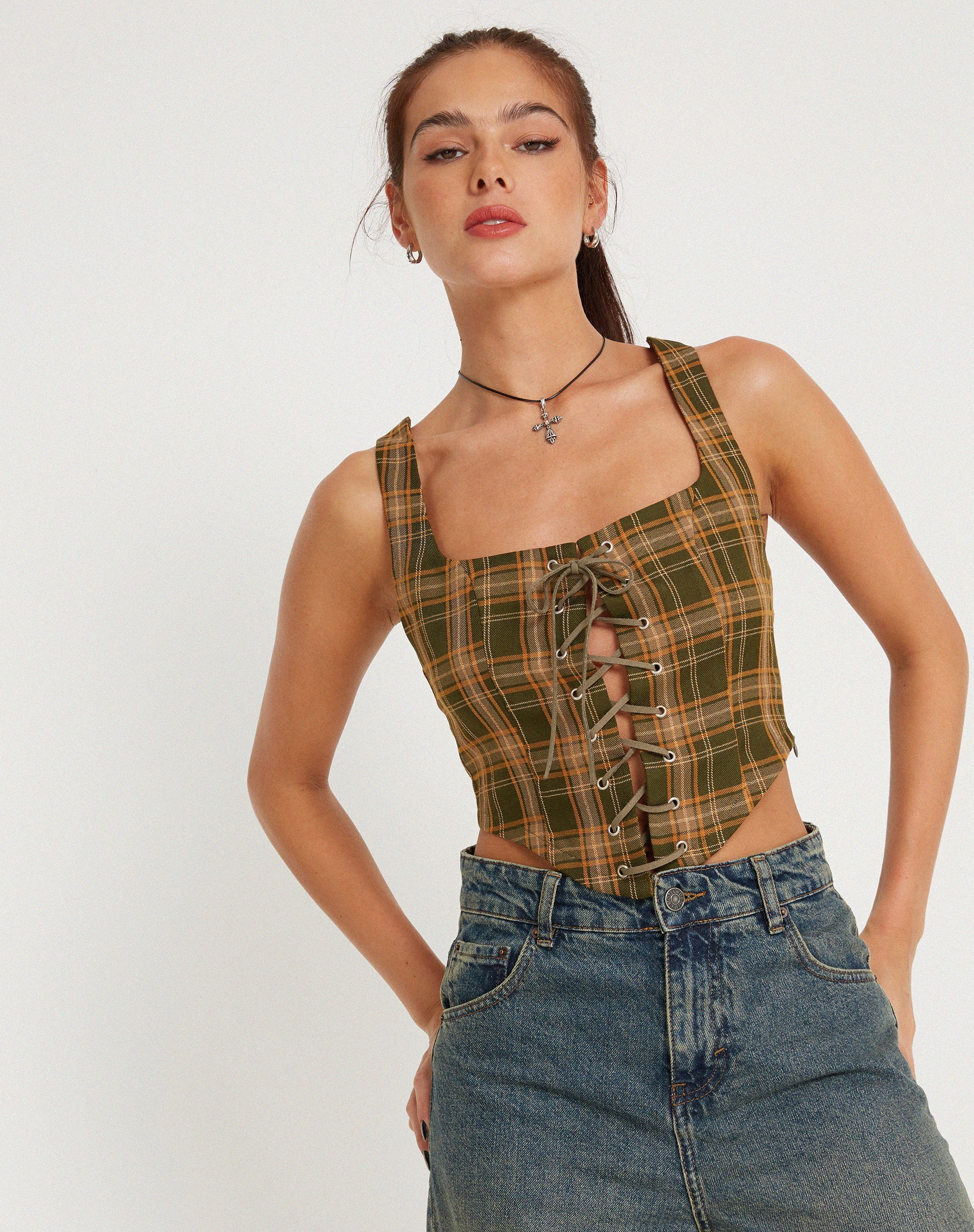 Image of Milton Corset Top in Tartans Green Brown