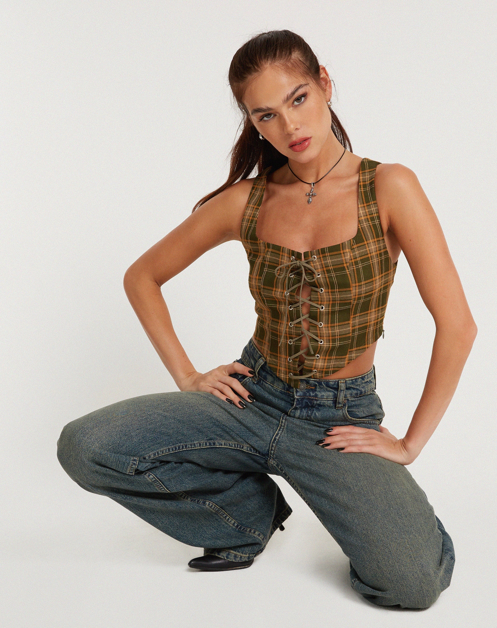 Image of Milton Corset Top in Tartans Green Brown