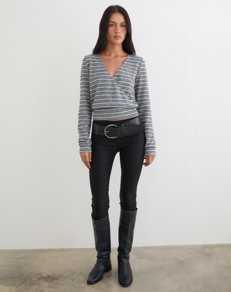 Image of Milzie Wrap Top in Horizontal Stripe Knit Grey and Black