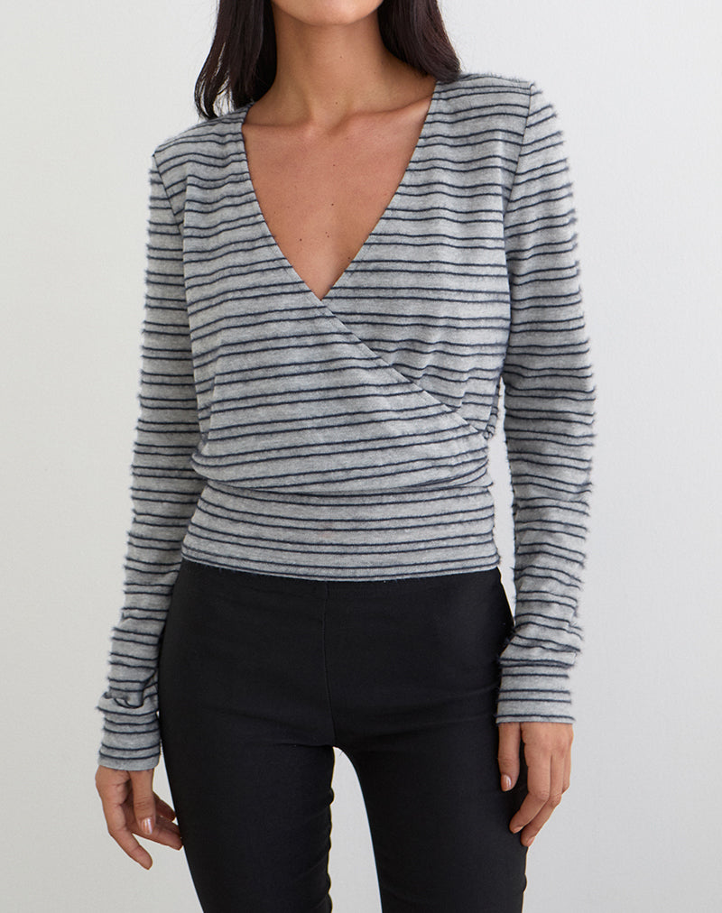 Image of Milzie Wrap Top in Horizontal Stripe Knit Grey and Black
