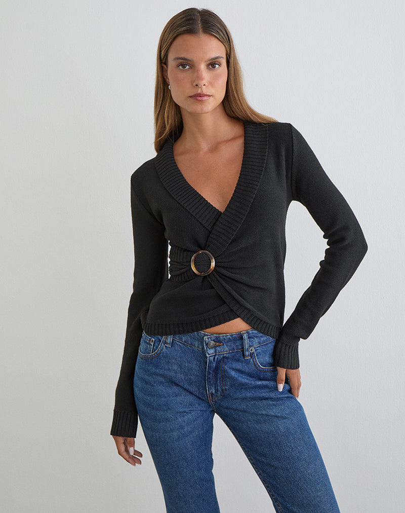 Minara Top with Resin Buckle in Knit Black