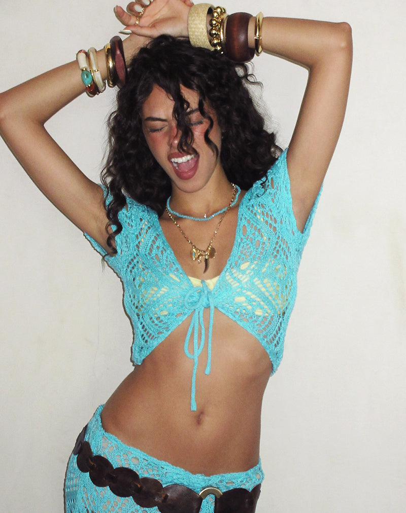 Image of Mirea Shrug Top in Crochet Knit Aqua Sky