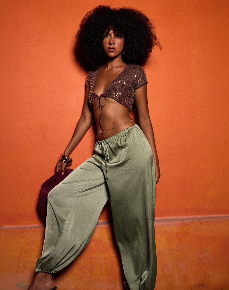 Brizid Balloon Trouser in Crinkle Satin Khaki