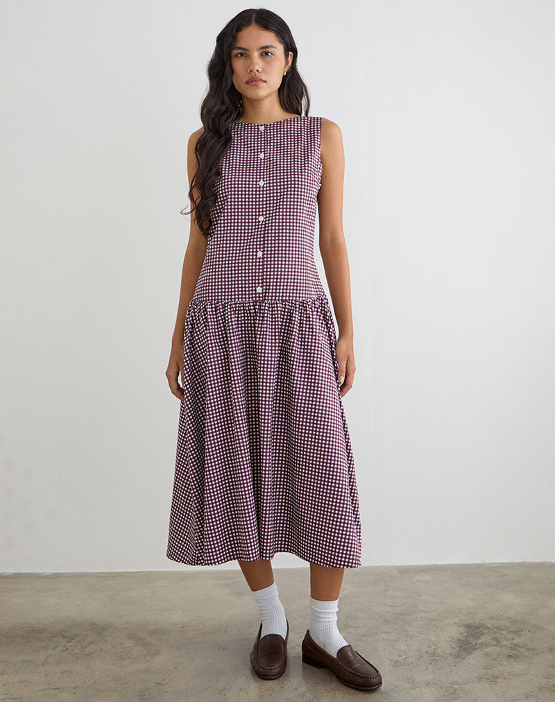 Miriam Midi Dress in Mini Gingham Wine