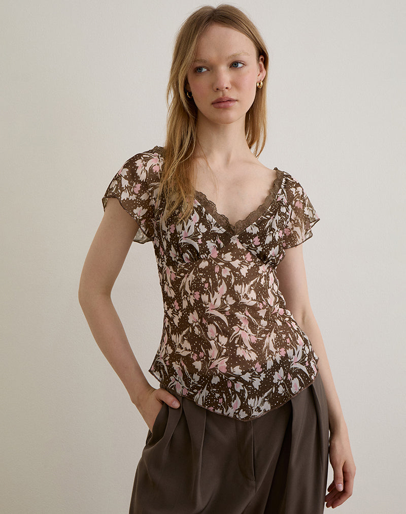 Image of Misaki Top in Chiffon Polka Flower Brown