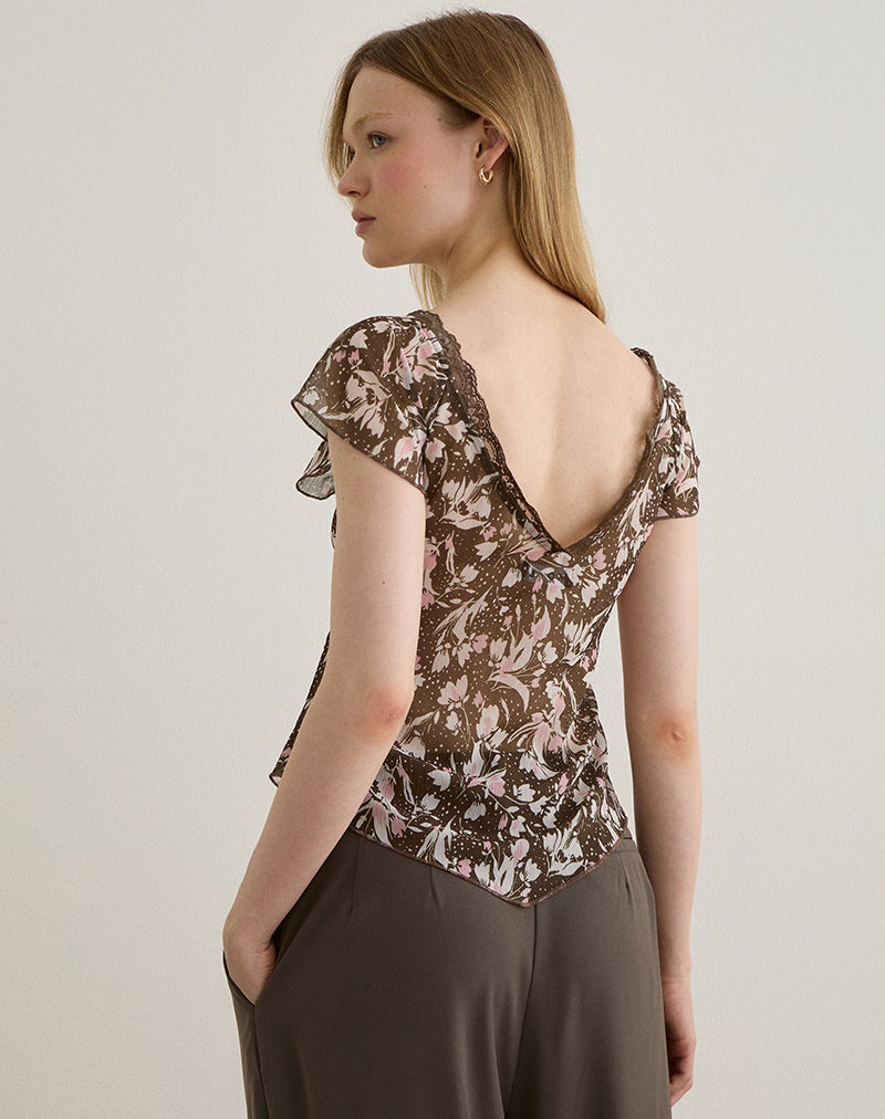 Image of Misaki Top in Chiffon Polka Flower Brown