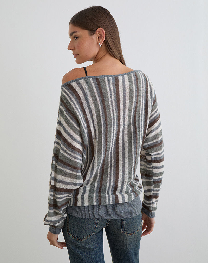 Afbeelding van Monara Off Shoulder Knit Top in Big Stripe Grey