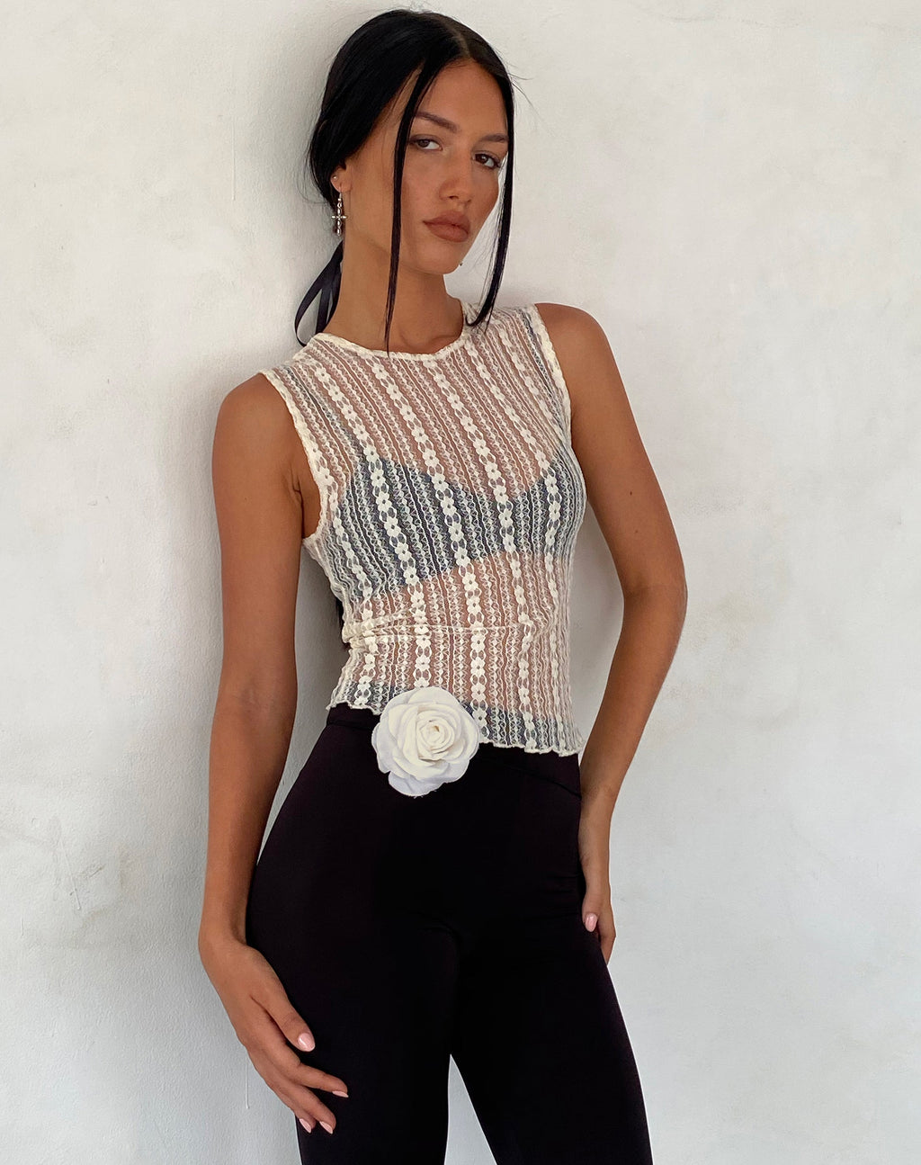 Monelo Unlined Vest Top in Ditsy Floral Cream Lace