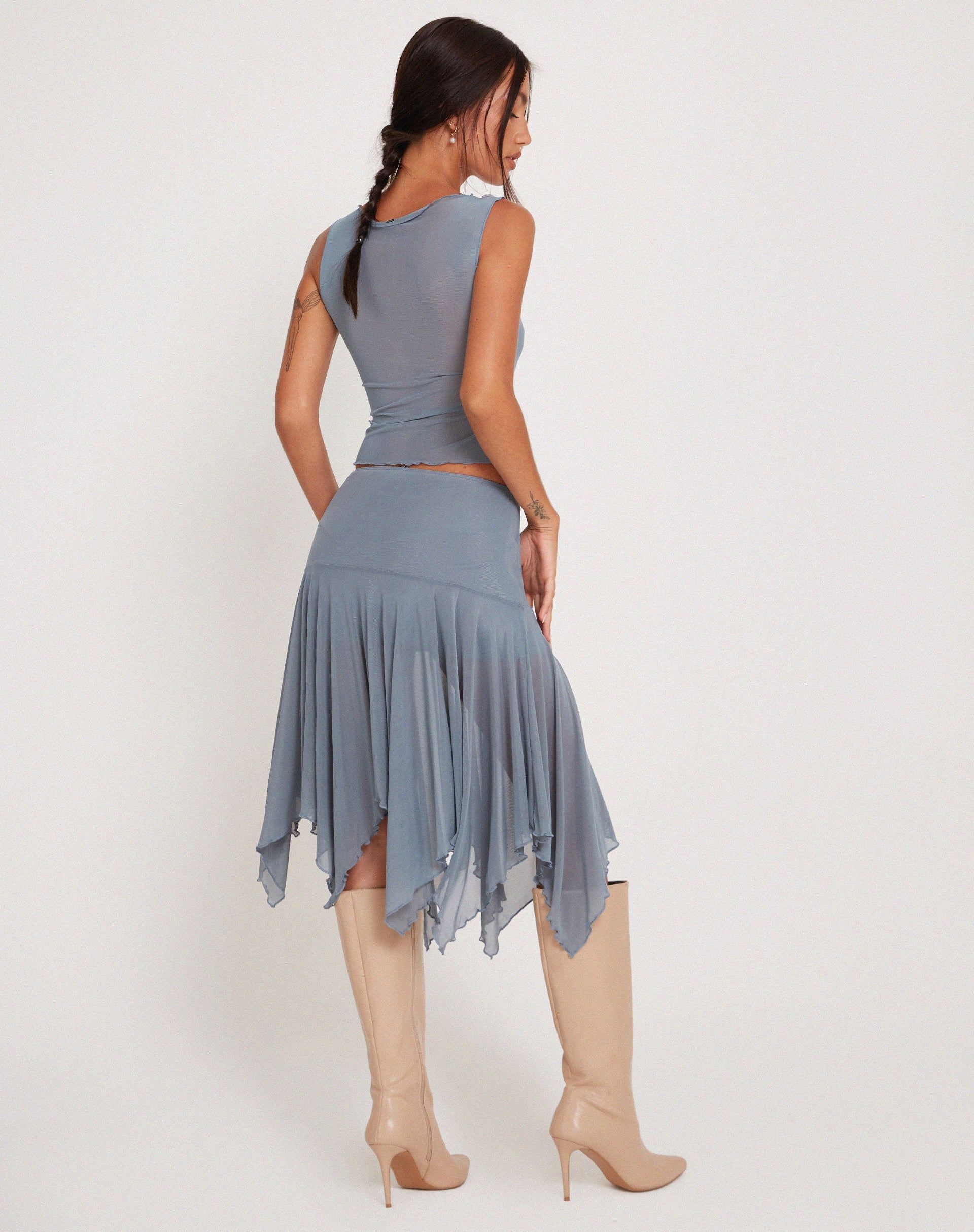 Image of Jovali Low Waist Midi Skirt in Blue Grey Mesh