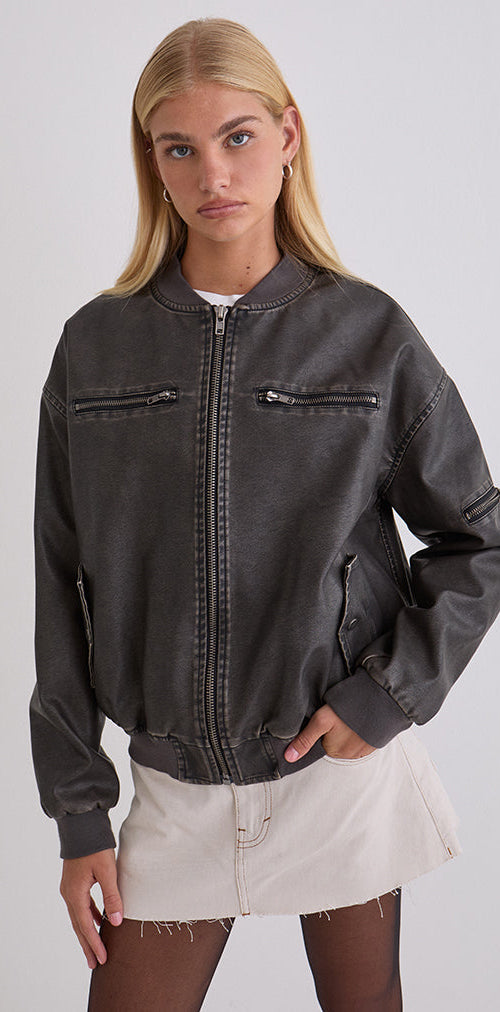 Image of Marco Distressed Bomber Jacket in PU Charcoal